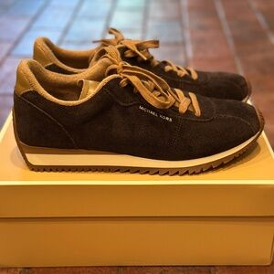 NEW and UNWORN chocolate brown/khaki Michael Kors Rhodes Suede Trainer, 9.5M